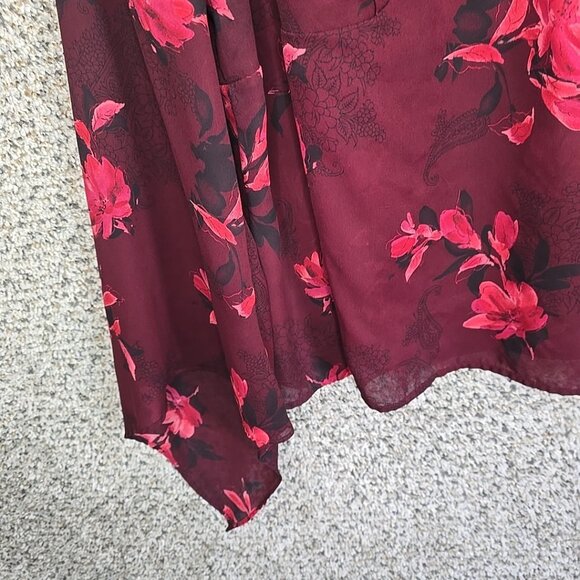 Lane Bryant Top Womens Plus 20 Burgundy Floral Print Sheer Blouse V Neck Ladies - Picture 3 of 7